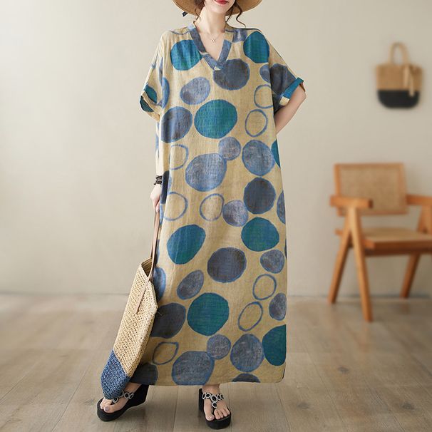 Real Shot Of 2024 Summer V-neck Cotton-linen Plus-size Loose-fitting Artistic Vacation-style Beach Dress, Vintage_ecoleips.com