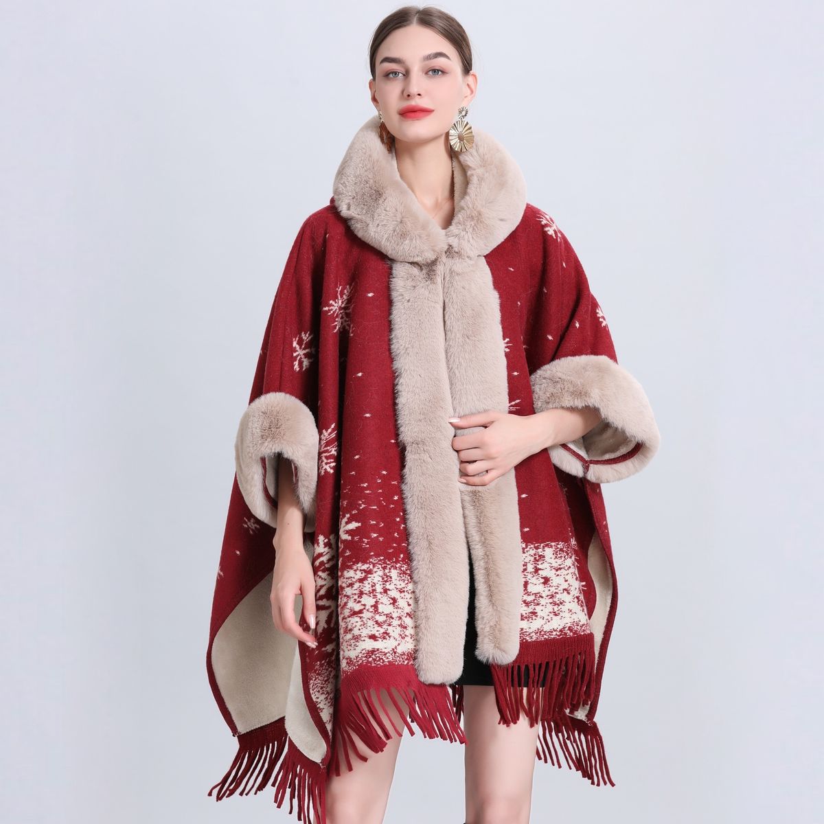 loose plaid plus velvet thick fur collar knitted shawl cape women's woolen shawl coat_ecoleips.com