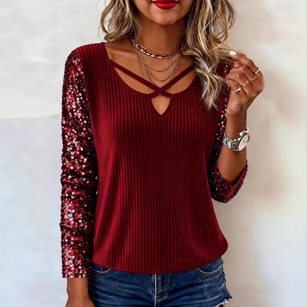 2025 European And American Cross-border Independent Site New Fashion Sequin Patchwork Long-sleeve V-neck Women's_ecoleips.com