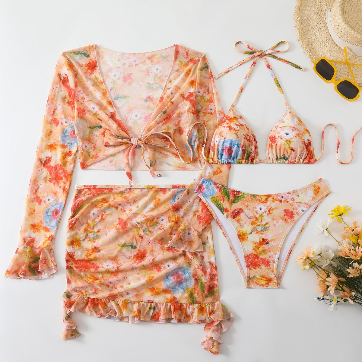 Women's Floral Print Bikini Set With Long-Sleeve Cover-Up – UPF 50+ Rash Guard & High-Waist Bottoms (S-XL, Orange/Pink/Lavender)_ecoleips.com