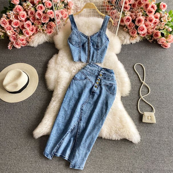 Women's Clothing Summer New Retro Denim Strap Top High Waist Slimming Sheath Skirt Two-piece Suit For Women_ecoleips.com