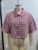 Women's Red Plaid Cropped Shirt, Short Sleeve Lapel Button Down Blouse, Casual Loose Fit Crop Top For Daily Streetwear, Soft Lightweight Summer Fashio_ecoleips.com
