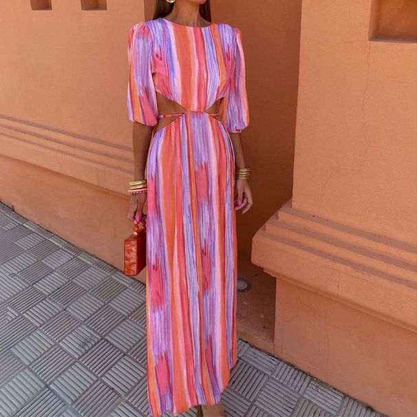 2024 European And American Women's Clothing Summer Round Neck Half Sleeved Backless Strap Sexy High Waist Printed Dress_ecoleips.com