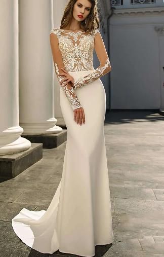 Women's Clothing Size High Waist Slim Hip Backless Lace Long Sleeve Fishtail Wedding Dress Petite Dress_ecoleips.com