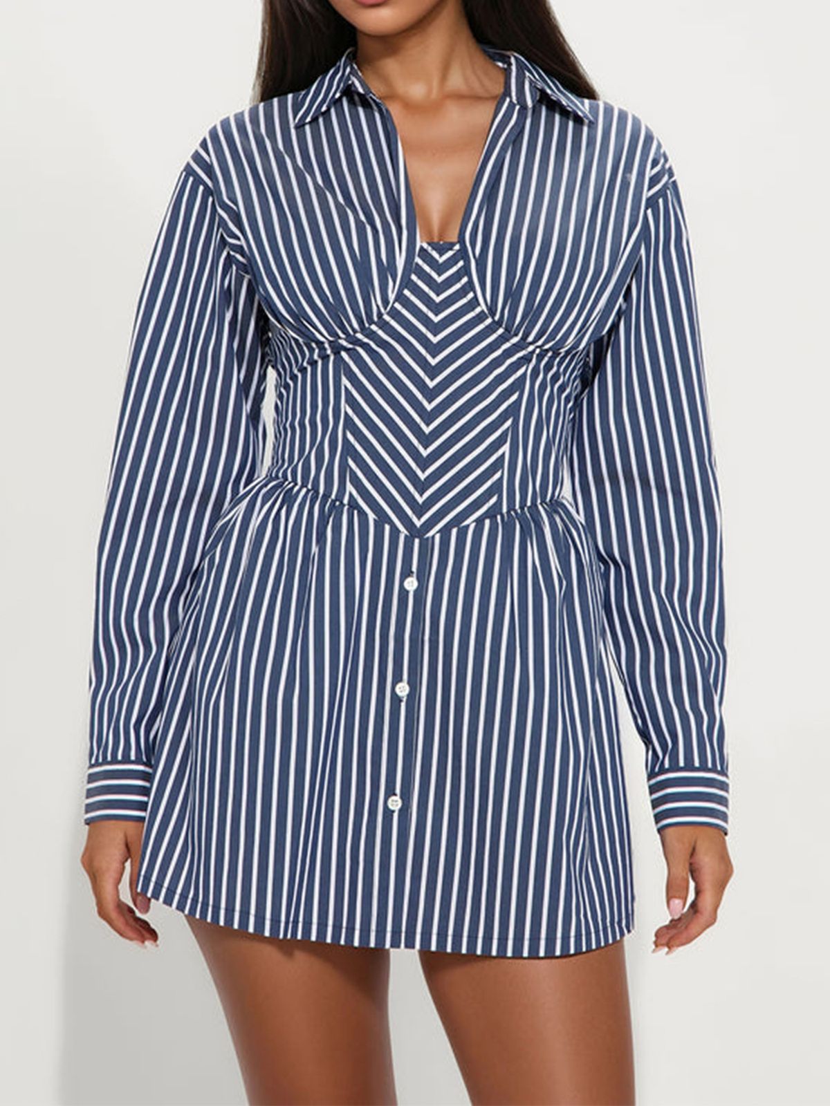 Women's Striped Button Down Collar Long Sleeve V Neck Slim Fit Dress Autumn_ecoleips.com