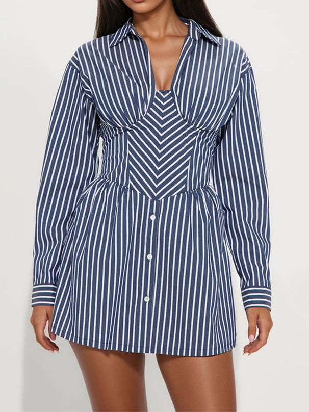 Women's Striped Button Down Collar Long Sleeve V Neck Slim Fit Dress Autumn_ecoleips.com