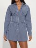 Women's Striped Button Down Collar Long Sleeve V Neck Slim Fit Dress Autumn_ecoleips.com