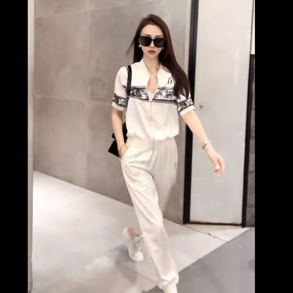 Women's Clothing Summer Fashion Print New Cardigan Thin Short Sleeved Trousers Two Piece Young Casual Sports Style Suit_ecoleips.com