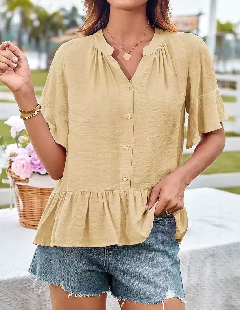Women's Clothing Fashion V Neck Loose Casual Lotus Leaf Sleeve Shirts_ecoleips.com
