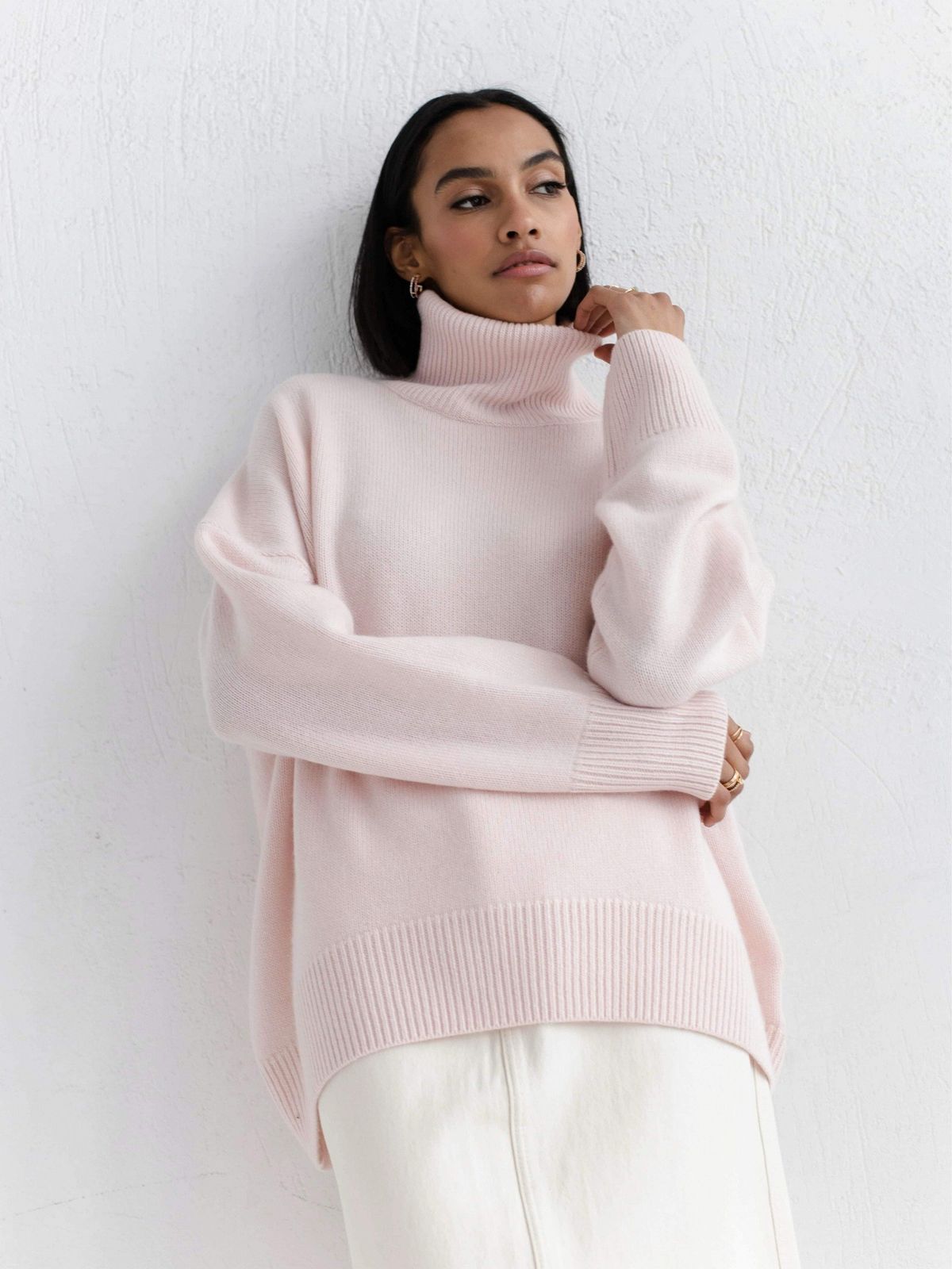 Oversized Soft Mock Neck Sweater – Cozy Dropped Shoulder Pullover In 12 Trendy Macaron Colors, Lightweight Viscose Blend_ecoleips.com