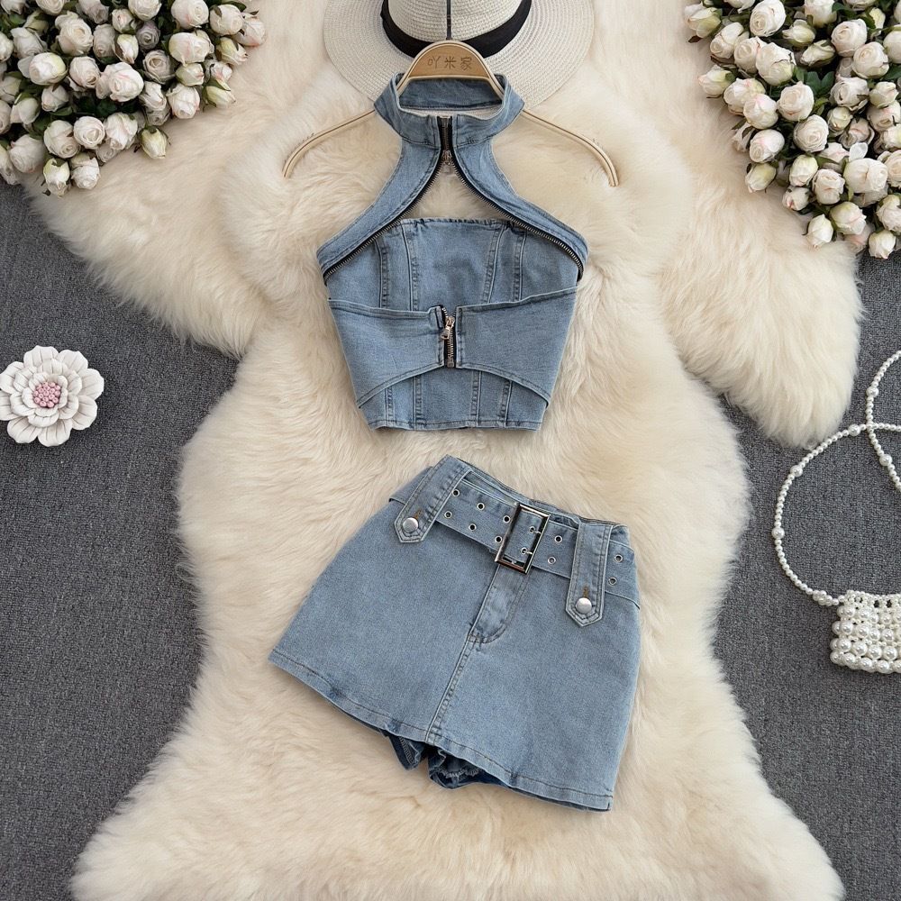Street Style Hot Girl Denim For Women Summer New Halter Neck Short Top And Skirt Two-Piece Set_ecoleips.com