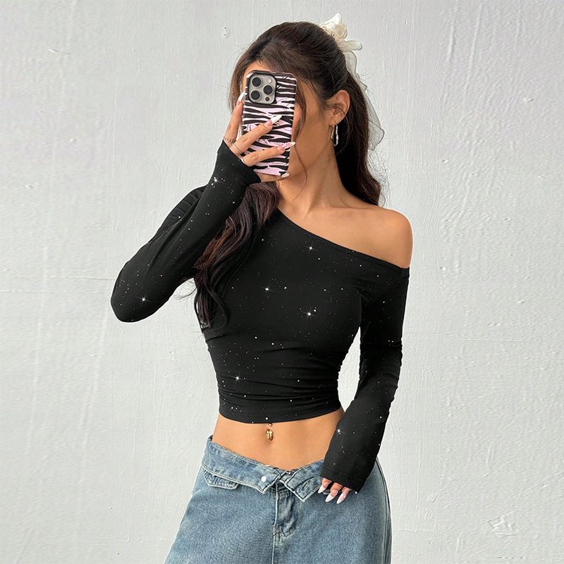 Women's Glitter Off-Shoulder Top Asymmetrical Long Sleeve Stretchy Knitted Fit Sexy Party Wear_ecoleips.com