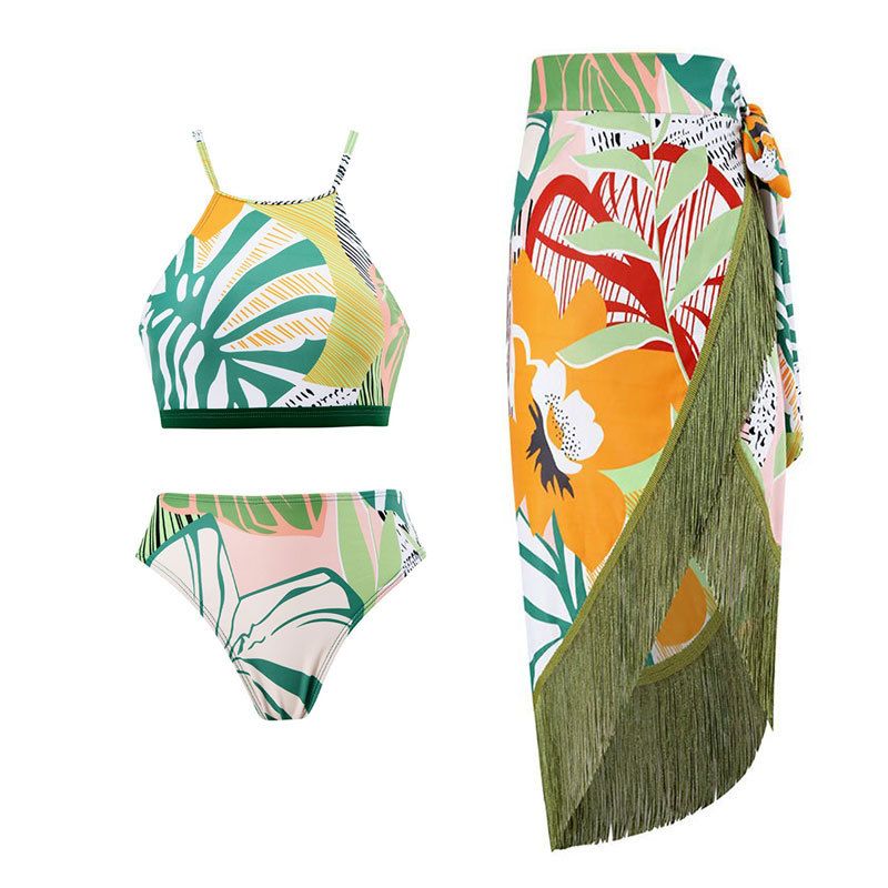 Women's Clothing Retro New European And American Style Three Piece Bikini Swimsuit Set With Tassel Skirt_ecoleips.com
