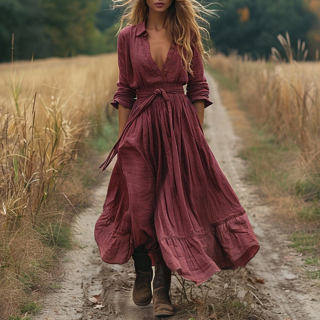 Women's Retro Western Style Long Cotton Linen Dress Casual Long Sleeved Fashionable European American Design_ecoleips.com