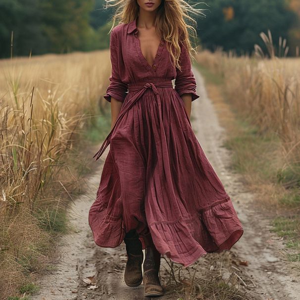 Women's Retro Western Style Long Cotton Linen Dress Casual Long Sleeved Fashionable European American Design_ecoleips.com