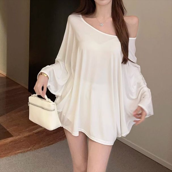 Solid Oversized T-shirt For Women's Casual Loose Top Fashion Bat Sleeves Simple Sexy Off Shoulder Korean Baggy T Shirts Autumn_ecoleips.com