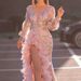 "Lotus Leaf V-Neck Pink Sequin Evening Gown – Elegant High-Slit Dress With Lantern Sleeves_ecoleips.com