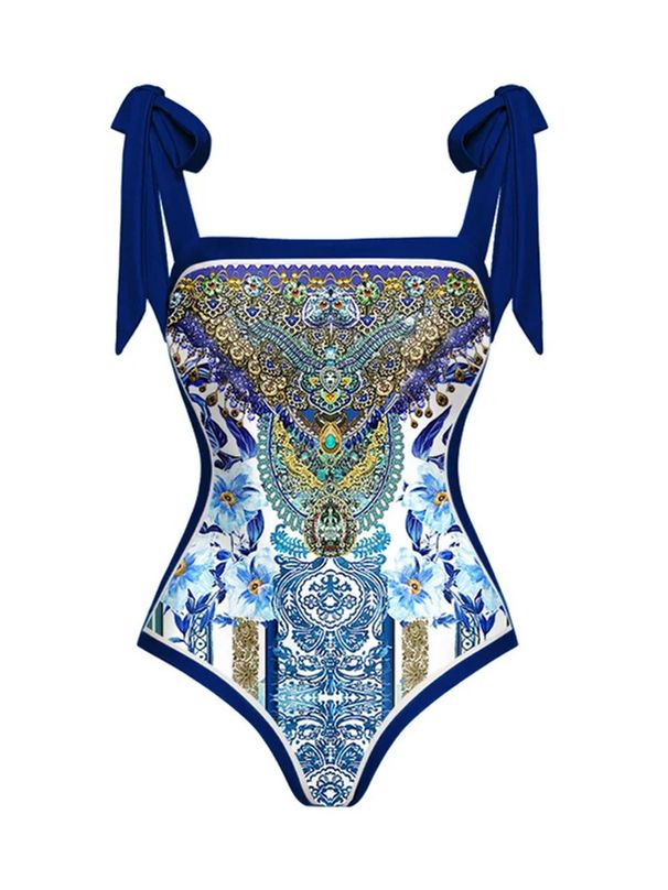 Women's Clothing Retro Printed Swimsuit Conservative One Piece Chiffon Blouse Two Piece Swimsuit Suit_ecoleips.com