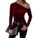 Women's Clothing autumn and winter new women's clothing sexy off shoulder oblique collar slim velvet long sleeved solid color cocktail top_ecoleips.com