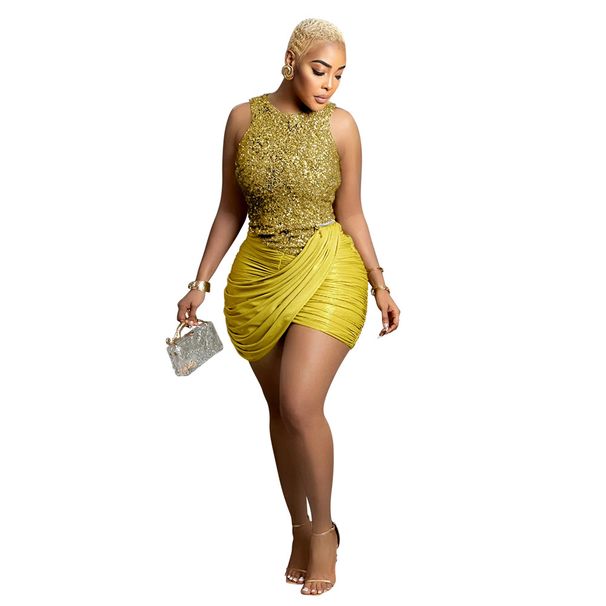 Women's Clothing new fashion sexy sleeveless round neck irregular sequined short skirt for women_ecoleips.com