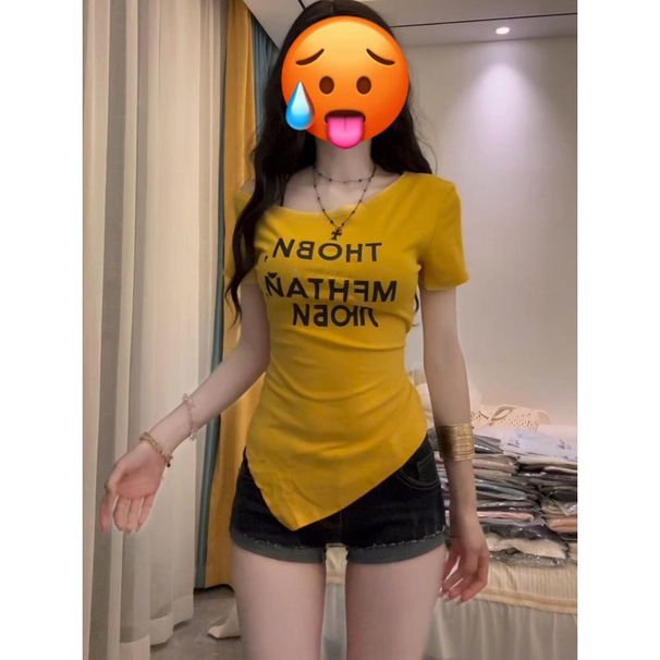 American-style Spicy Girl Letter Print Off-shoulder Short-sleeve T-shirt For Women, Summer Slim-fit, Waist-cinching,_ecoleips.com