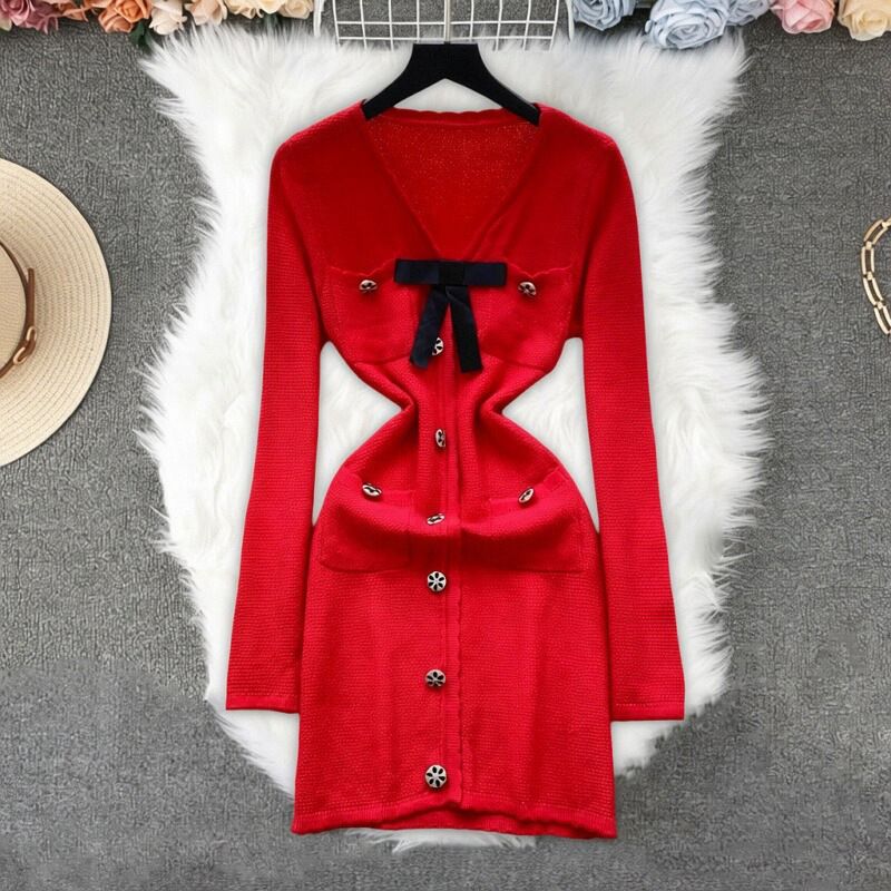 French Style Women's Deep V Neck Knit Dress Slim Fit Fashionable Bow Single Breasted Bodycon Skirt Export Clothing_ecoleips.com