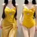 Women's Slim Fit Solid Color Swimsuit Sexy Alluring Style One Piece Two Piece Perfect for Beach Vacations And Hot Springs_ecoleips.com