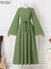 ZANZEA Women Muslim Maxi Dress Solid Color O-Neck Long Sleeve Turkish Abaya Robe Fashion Casual Elegant Party Oversized Vestidos_ecoleips.com