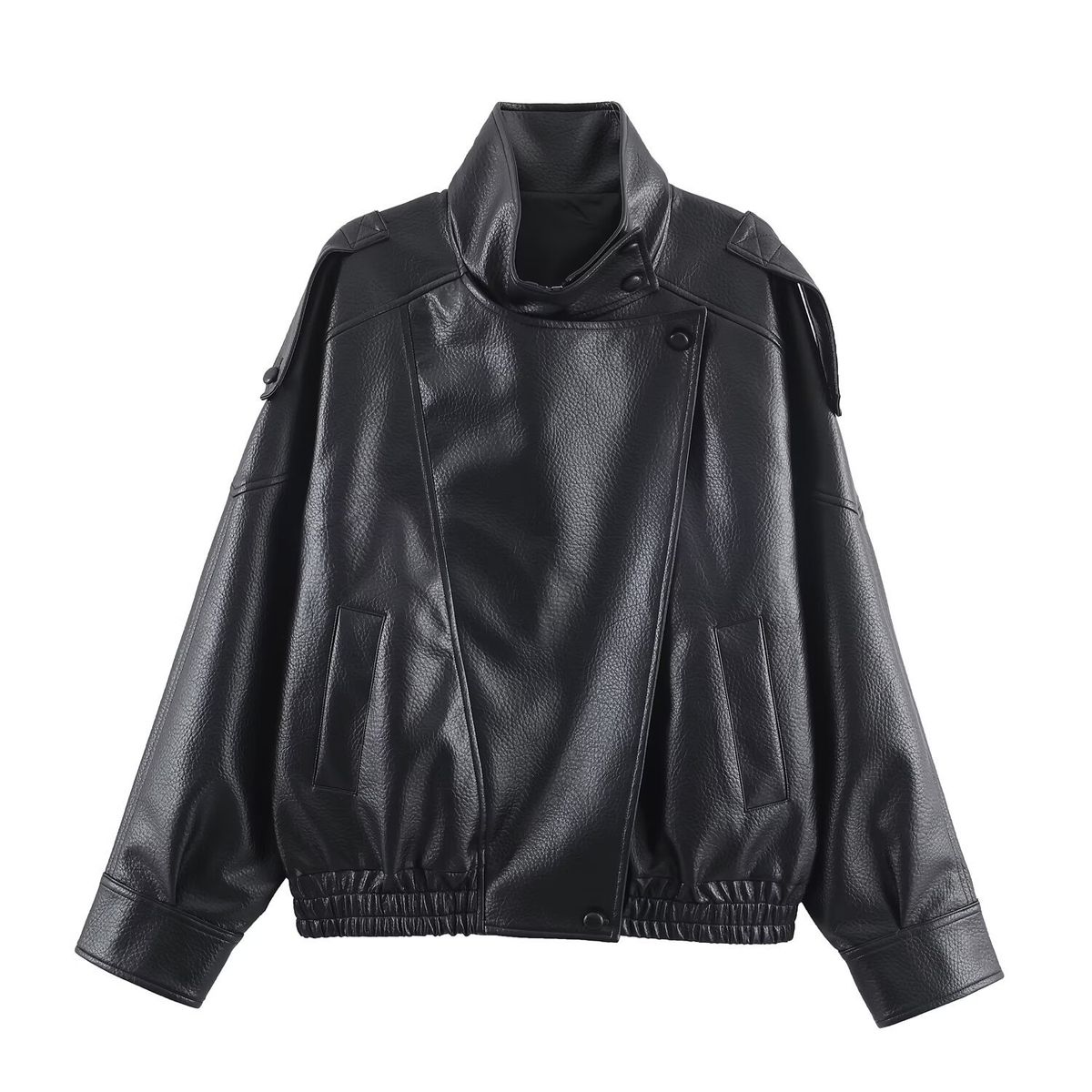 Women's Faux Leather Jacket – Stand Collar Long Sleeve Motorcycle Coat With Lychee Grain Texture (Black/Brown/Burgundy, XS-L)_ecoleips.com