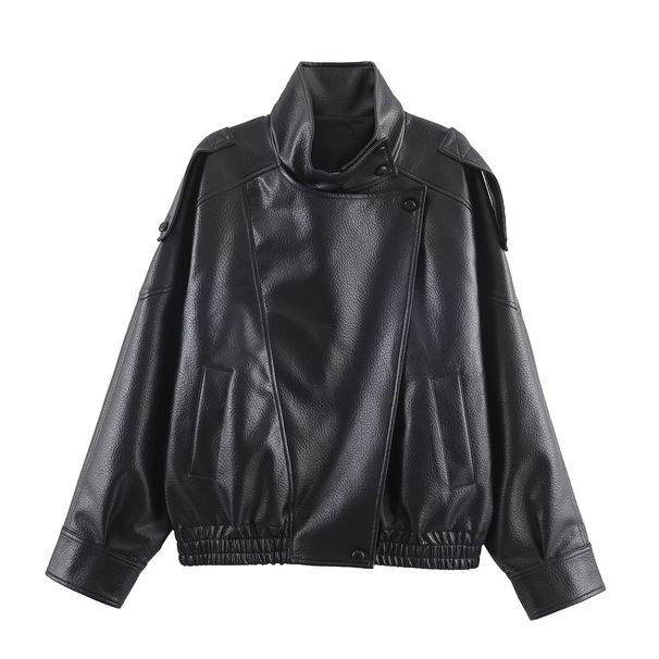 Women's Faux Leather Jacket – Stand Collar Long Sleeve Motorcycle Coat With Lychee Grain Texture (Black/Brown/Burgundy, XS-L)_ecoleips.com