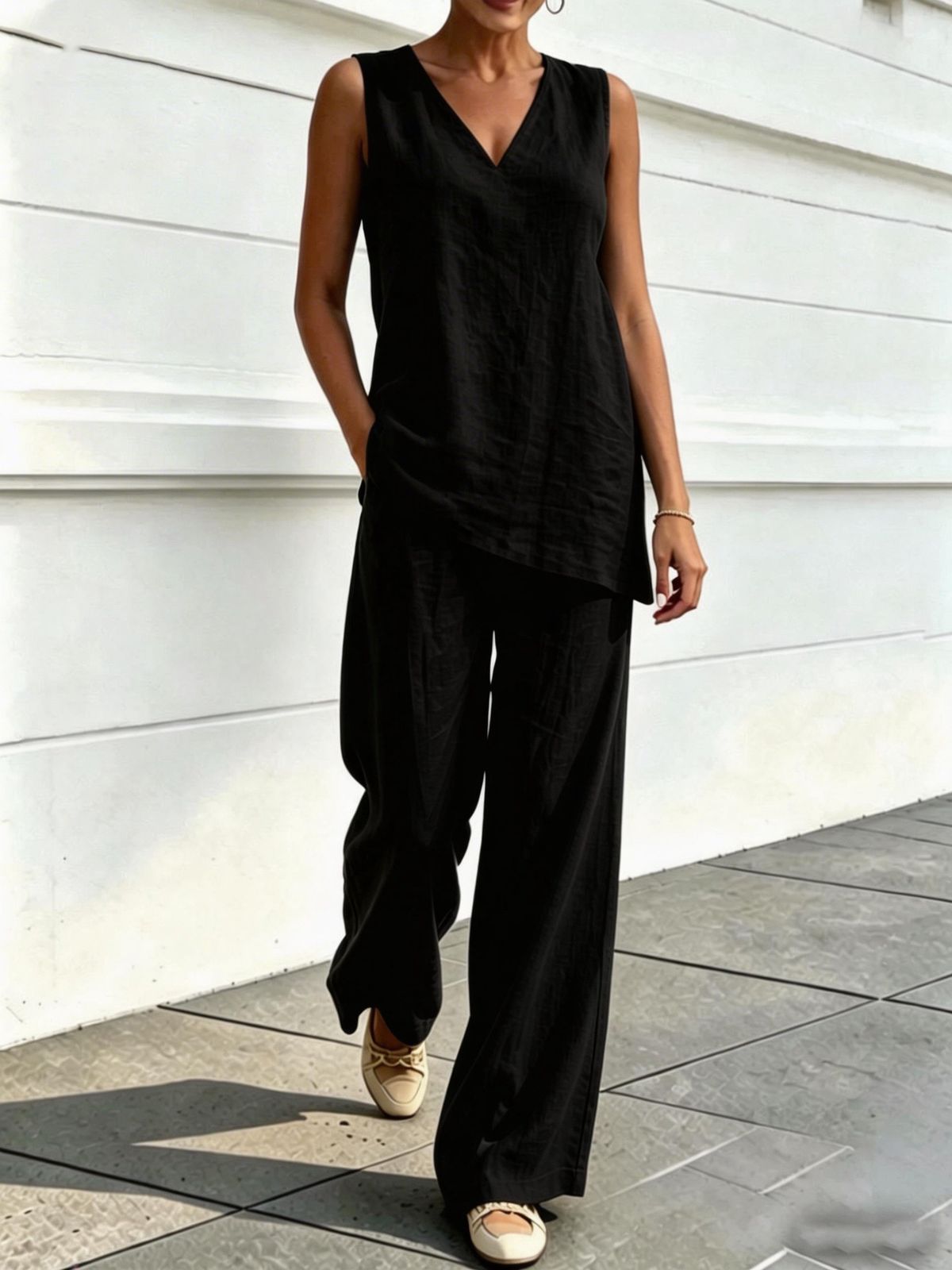 European And American Women's Casual V-neck Sleeveless Cotton And Linen Top And Wide Leg Pants_ecoleips.com