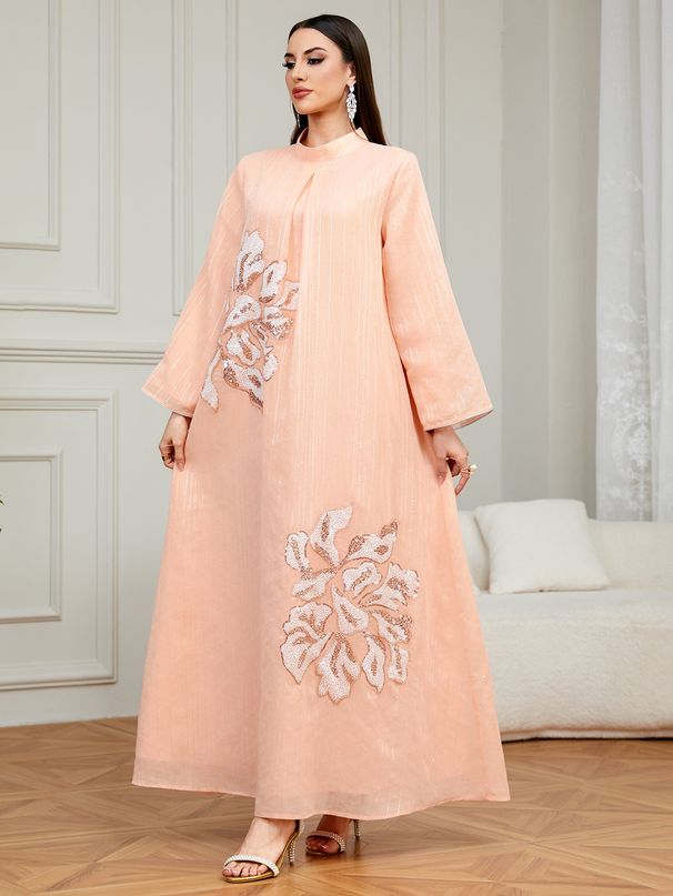 Elegant Long Robe for Women Embroidered Flowers High Neck Loose Fitting Fashionable Classy Banquet Ethnic Style Skirt_ecoleips.com