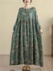 Oversize Cotton Vintage Casual Loose Green Print Floral Dresses For Women Long Sleeve Dress Femme Robe Vestidos Elegant Clothing_ecoleips.com