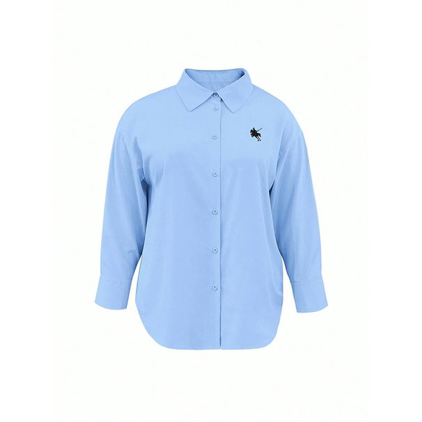 plus Size Women's Solid Color Blouse Long-Sleeve Shirt with Pony Embroidery Versatile Comfortable for Work And Casual_ecoleips.com