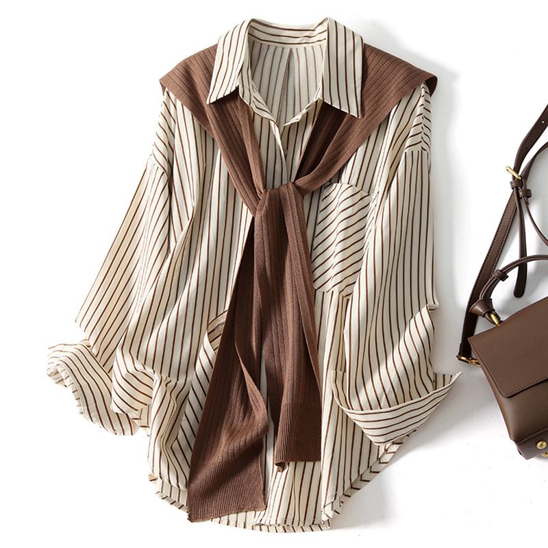 Men’s Clothing Shawl Design Niche Striped Shirt Women's Two Piece Tops Slimming And Age Reducing Shirt Fashionable Autumn_ecoleips.com