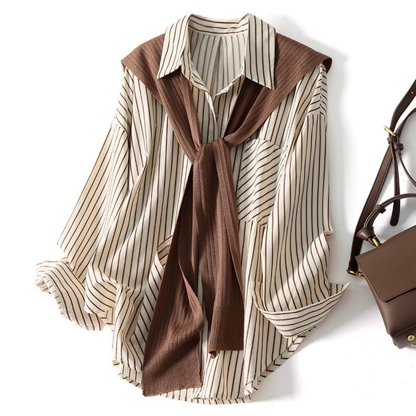 Men’s Clothing Shawl Design Niche Striped Shirt Women's Two Piece Tops Slimming And Age Reducing Shirt Fashionable Autumn_ecoleips.com