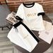 Women's Clothing Women's Summer Casual Two Piece Set Letter Print Color Block Short Sleeve Top With Pants Loose Fit Elastic Waist_ecoleips.com