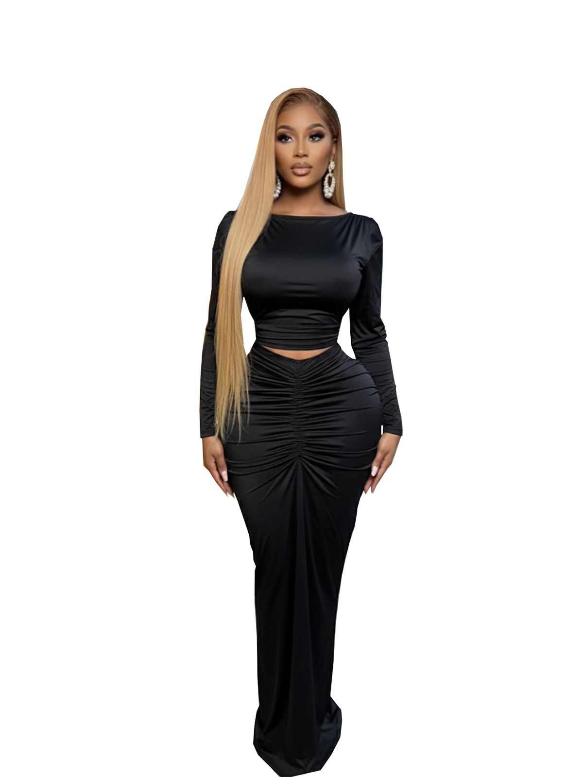 Women's Clothing Spring Fashion Sexy Hollow Out High Waist Long Skirt Two Piece Set Solid Color Casual Grubbing_ecoleips.com