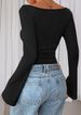 American Spice Girl Solid Color Boat Neck Flared Sleeve T-Shirt Women's Autumn Slim Fold Pleated Skinny Top Long Sleeve_ecoleips.com