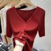 Summer New Women's Ice Silk Knit Cardigan V Neck Short Sleeve Thin Design Simple Red Top T-Shirt_ecoleips.com