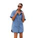 Women's Collared Shirt Dress Mid-Length Denim Short Sleeve Cardigan With Pocket Summer Fashion Cross Border Foreign Trade Clothing_ecoleips.com