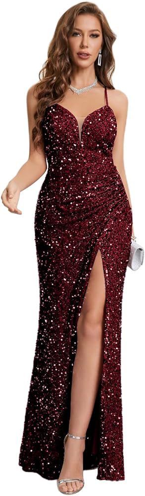 Women's Clothing Sequined Slim Fit Ball Gown Long Spaghetti Strap Party Dress Evening Dress_ecoleips.com