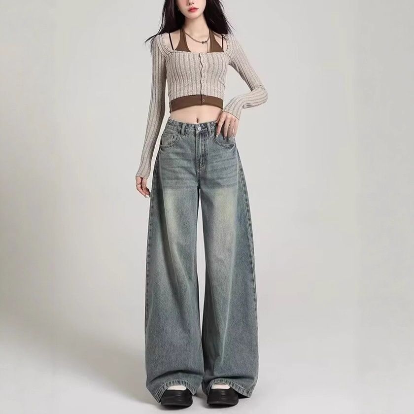 Vintage Korean Wide-Leg Jeans Women, Autumn New Loose Fit For Pear-Shaped Body, BF Lazy Style Plus Size Long Pants_ecoleips.com
