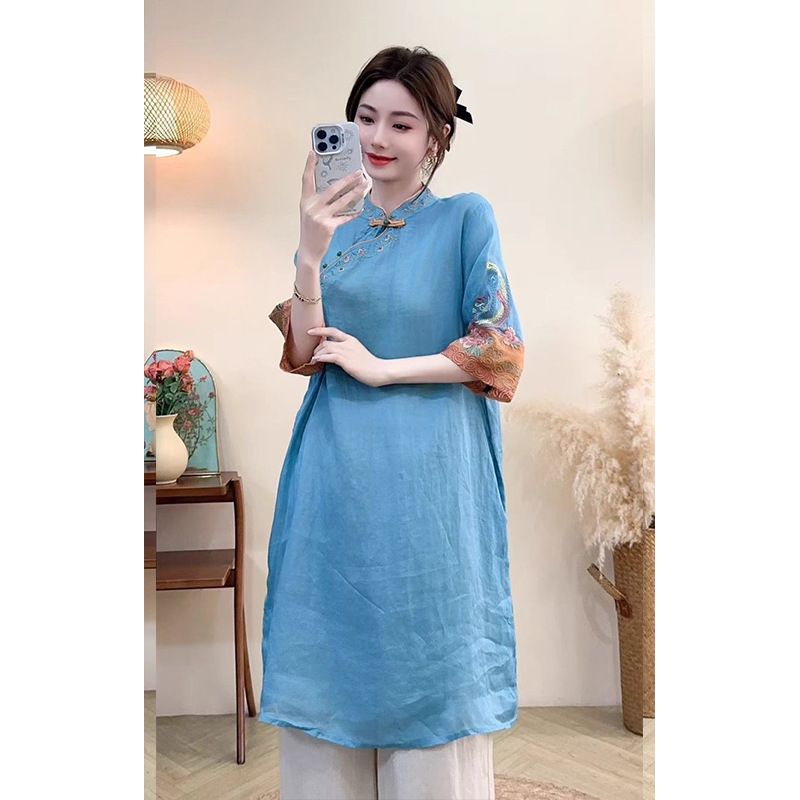This New Chinese-Style Five-Sleeved Short-Sleeved Mid-Length Cotton And Linen Top Is Versatile For Summer And Features A_ecoleips.com