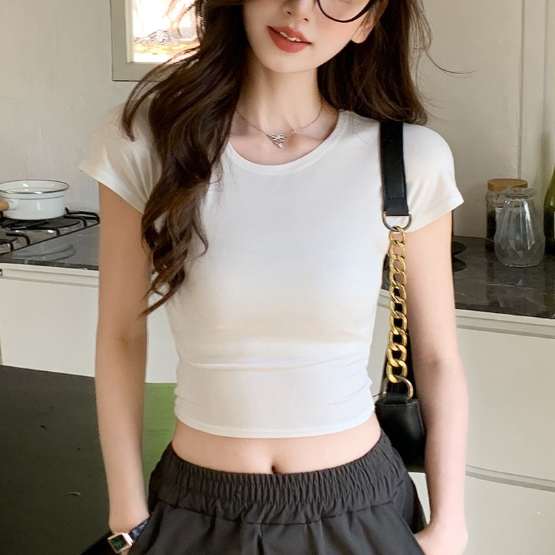 Slim-fit Open-button Top Design Simple Summer Short-sleeved Sense Casual Versatile Short T-shirt Women's New Spice Girls_ecoleips.com