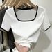Short-sleeved T-shirt Women's Summer New Casual Square Collar Contrasting Color Fashion Bottoming Shirt_ecoleips.com