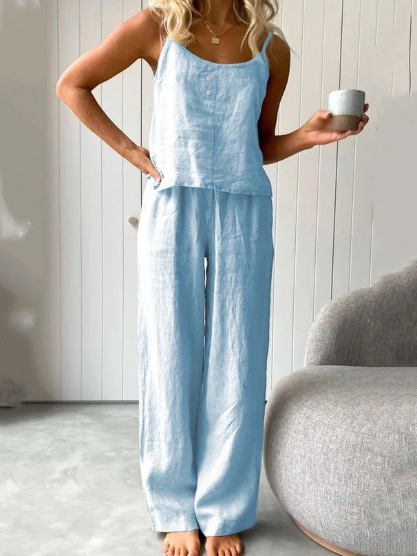Women's Clothing Sleeveless Suspender Trousers Two Piece Suit Loose Fashionable Outer Wear Cotton And Linen Home Clothes_ecoleips.com