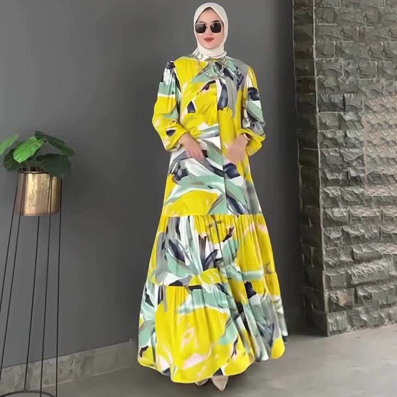 Women's Clothing Elegant Long Sleeved Waist Slimming Printed Pleated Large Swing Dress_ecoleips.com