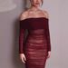 Burgundy Off-Shoulder Mesh Dress European American Style Long Sleeve Pleated Slim Fit Maxi Dress for Women Banquet Occasion_ecoleips.com