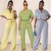 Women's Clothing Solid Color Short Sleeved Shirt Collar Top Long Casual Wide Leg Pants Suit_ecoleips.com